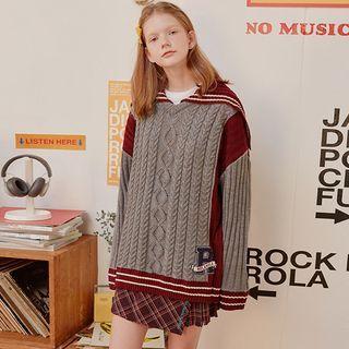 Sailor-collar Contrast-trim Sweater Gray - One Size