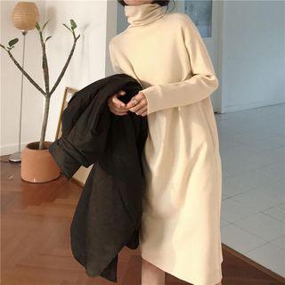 Plain Turtle-neck Long-sleeve Loose-fit Knit Dress