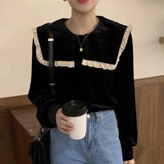 Sailor Collar Lace-trim Blouse Black - One Size