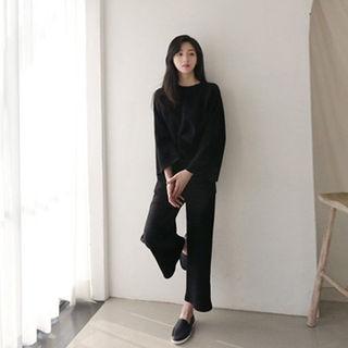 Set: Round-neck Wide-sleeve Top + Band-waist Pants