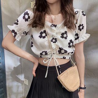 Flower Print Cropped Short-sleeve Blouse
