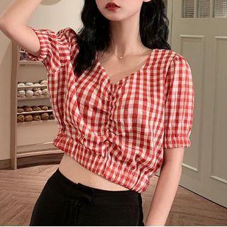 Short Sleeve V-neck Gingham Cropped Top Red - One Size