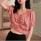 Short Sleeve V-neck Gingham Cropped Top Red - One Size