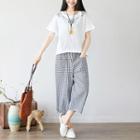 Set: Embroidered Short-sleeve T-shirt + Check Wide Leg Pants