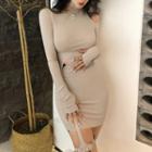 Long Sleeve Cold Shoulder Plain Cut-out Mini Bodycon Dress