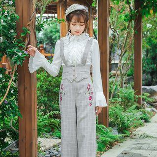 Frill-trim Shirt / Floral Embroidery Plaid Jumper Pants / Set