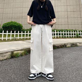 Drawstring Waist Plain Cargo Wide-leg Pants