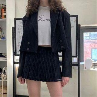 Set: Striped Cropped Blazer + Pleated Skirt
