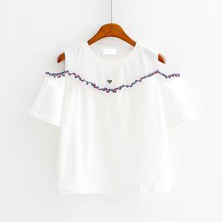 Embroidered Cut Out Shoulder Short Sleeve Top