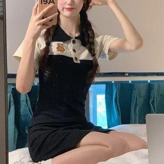 Short-sleeve Two-tone Sheath Polo Shirtdress