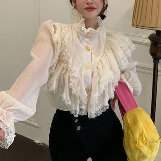 Mock-neck Ruffle Trim Lace Panel Blouse