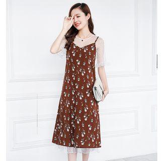 Set: Mesh Short-sleeve Midi Dress + Floral Print Strappy Midi Dress