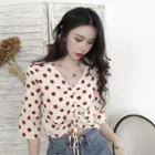 Elbow-sleeve Dotted Drawstring Top