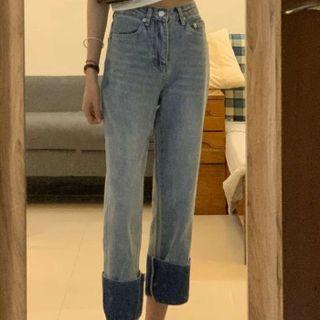 Color Panel High-waist Wide-cuff Cuffed Denim Cropped Pants