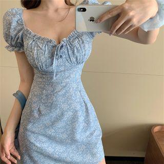 Tie-neck Puff-sleeve Bodycon Dress Light Blue - One Size