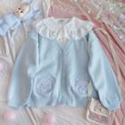 Bear Embroidered Knit Cardigan Blue - One Size