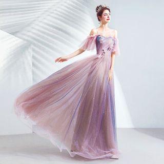 Cold Shoulder Mesh A-line Evening Gown