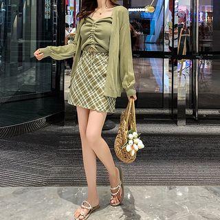 Knit Camisole/ Knit Cardigan / Plaid Skirt