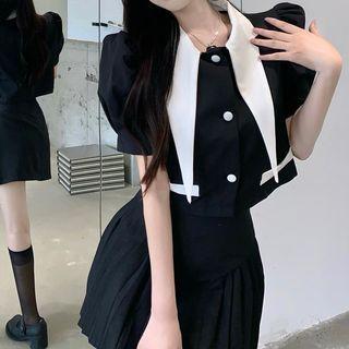 Puff-sleeve Collar Single-breasted Jacket / Pleated Mini A-line Skirt