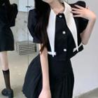 Puff-sleeve Collar Single-breasted Jacket / Pleated Mini A-line Skirt