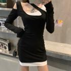 Long-sleeve Paneled Mini Sheath Dress Black - One Size