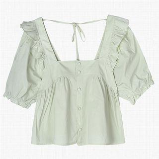 Short-sleeve Square-neck Frill Trim Cropped Blouse