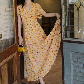 Short-sleeve Floral Print V-neck A-line Maxi Dress