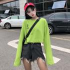 Long-sleeve Lettering Embroidered Cropped T-shirt Green - One Size