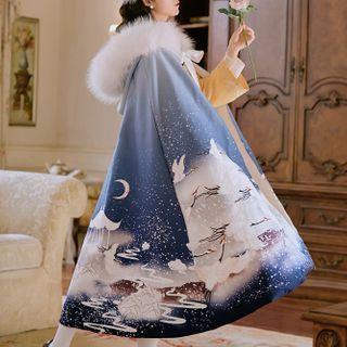 Faux Fur Panel Printed Cape With Lining - Blue & White - One Size