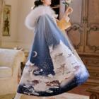 Faux Fur Panel Printed Cape With Lining - Blue & White - One Size