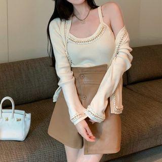 Knit Camisole Top / Cardigan / Faux Leather Mini A-line Skirt