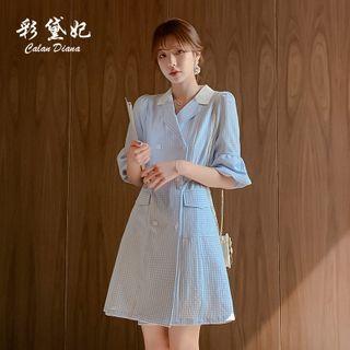 Gingham Elbow-sleeve Double-breasted Mini A-line Blazer Dress