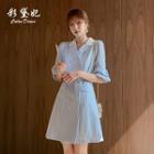 Gingham Elbow-sleeve Double-breasted Mini A-line Blazer Dress