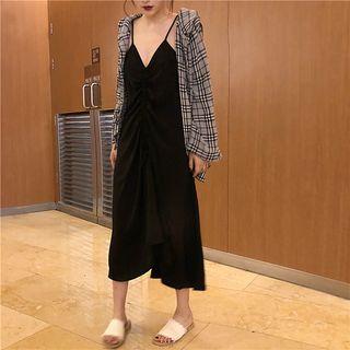Check Long-sleeve Shirt / Strappy Midi Dress