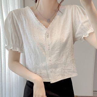Puff-sleeve V-neck Chiffon Cropped Shirt