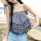 Shoulder-tie Plaid Embroidered Tassel Top