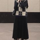 Long-sleeve Knit Midi A-line Dress / Plaid Sweater Vest / Set