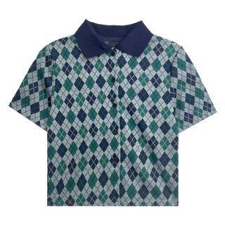 Short-sleeve Plaid Polo Collar Top Green - One Size