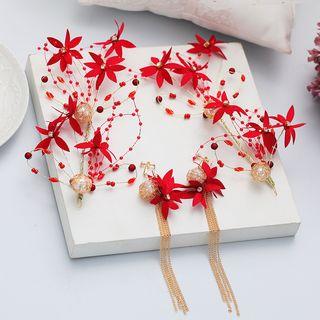 Wedding Set: Leaf Headpiece + Dangle Earring 1 Pair - Headpiece & Clip On Earring - White & Gold - One Size