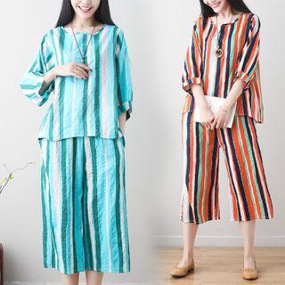 Set : Striped Round-neck Long-sleeve T Shirt + Capri Wide-leg Pants