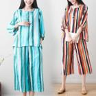 Set : Striped Round-neck Long-sleeve T Shirt + Capri Wide-leg Pants