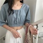 Plain Elbow-sleeve Cropped Top