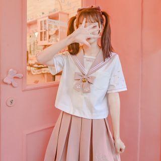 Short-sleeve Sailor Collar Top / Plain Pleated Mini Skirt