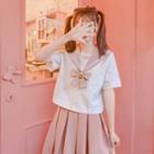 Short-sleeve Sailor Collar Top / Plain Pleated Mini Skirt