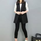 Set: V-neck Long-sleeve T-shirt + Double-breasted Vest + Cropped Skinny Pants