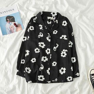 Flower Print Long Sleeve Shirt Black - One Size