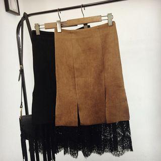 Faux Suede Lace Panel Midi Skirt