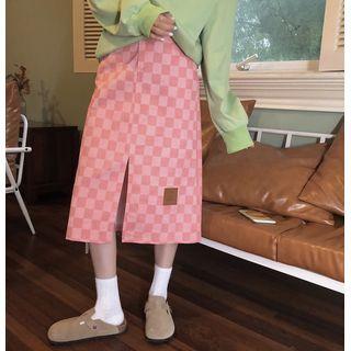 High-waist Chessboard Plaid Slit A-line Skirt