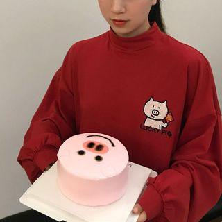 Long-sleeve Mock-neck Piggy Embroidery T-shirt
