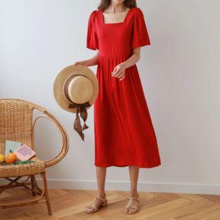 Square-neck Puff-shoulder Long Dress